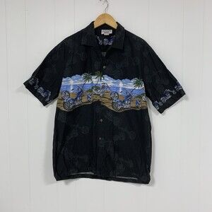 Vintage Pacific Legend Black Tropical Motorcycle Button-Up Shirt L